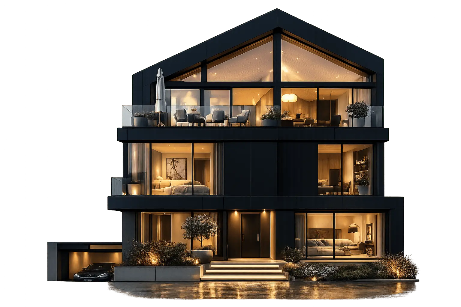 Modern multi-level home with large glass windows